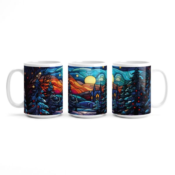 Stained Glass Winter Scene Mug stained glass winter scene mug showing moonlit church pine trees swirling sky colourful hills Grey Barn Handwerk Saskatchewan