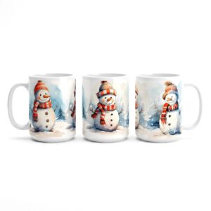 Snowman mug featuring a cheerful watercolour snowman in red striped scarf and hat in a snowy forest, Grey Barn Handwerk, Saskatchewan.