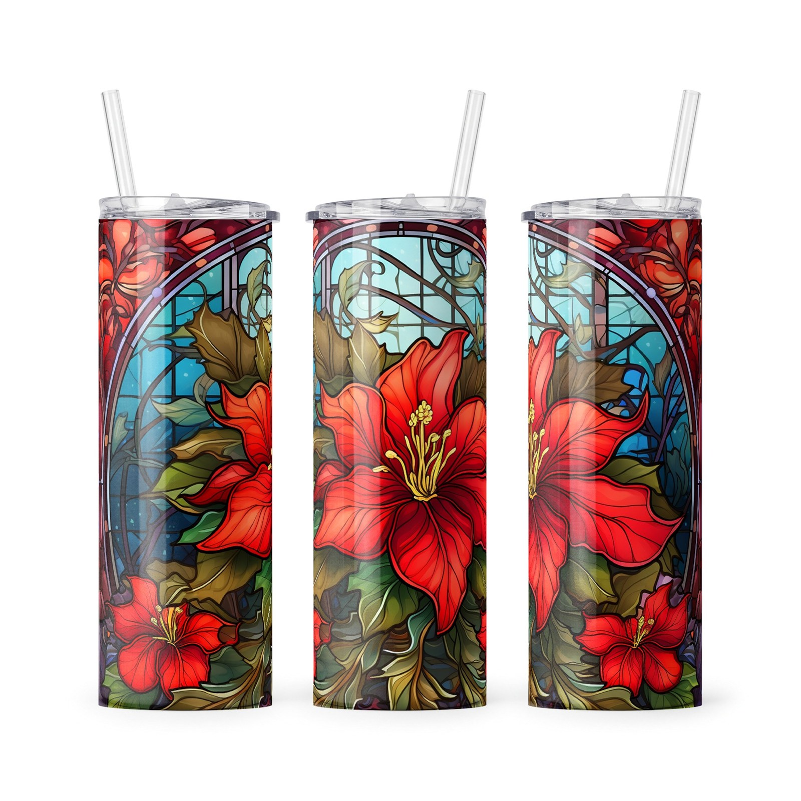 poinsettia stained glass tumbler wrap with bold red blooms and Art Nouveau arch, Grey Barn Handwerk, Saskatchewan.