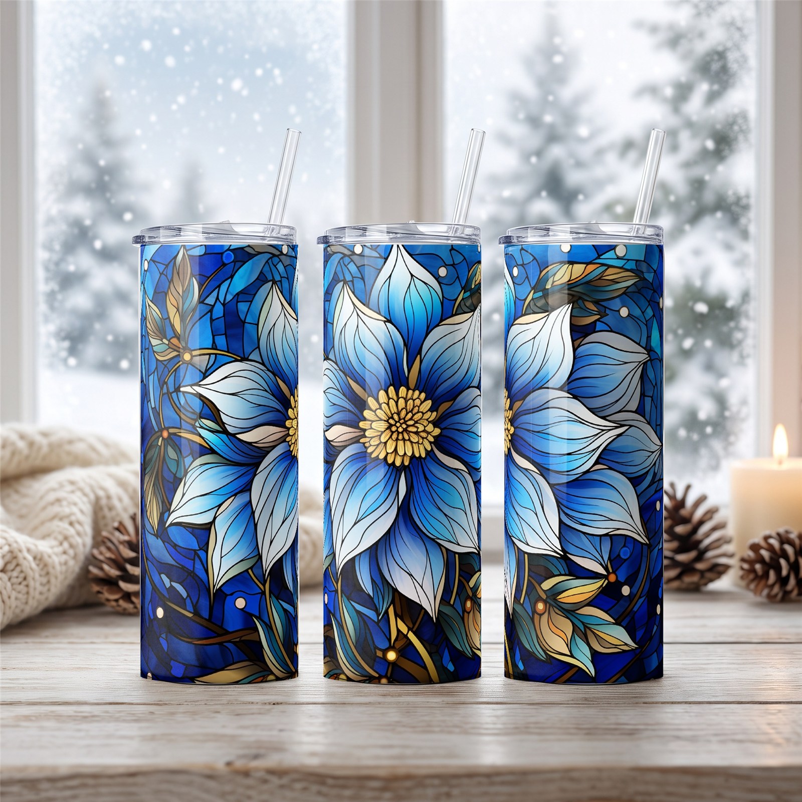 Stained Glass Blue Floral Tumbler