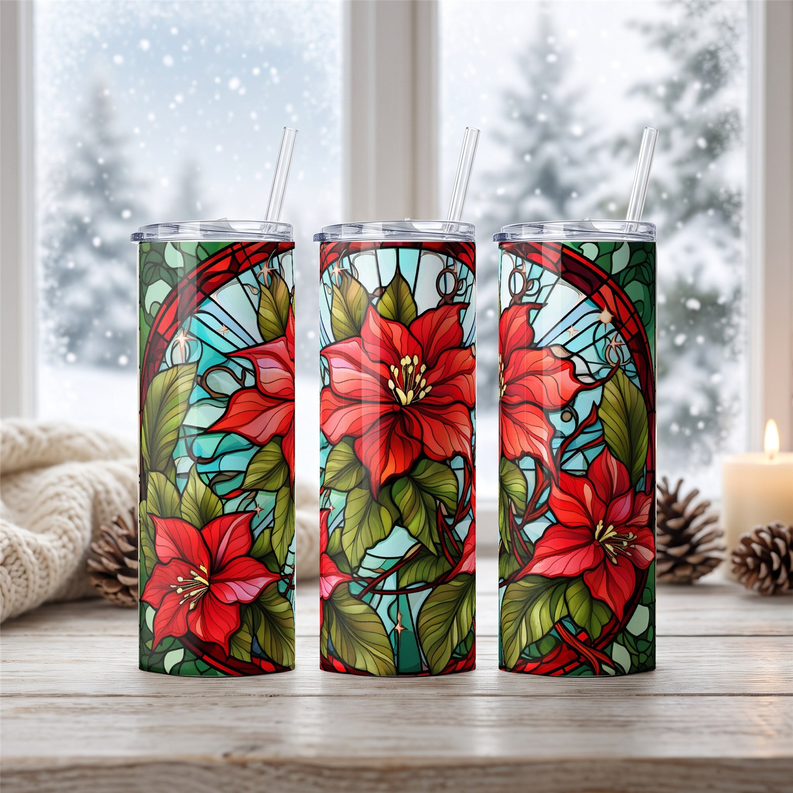 Red Poinsettia Stained Glass Tumbler